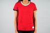 woman wearing red sports tee